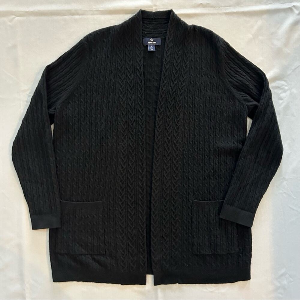 Lands' End 100% Cashmere Cable Knit Open Cardigan Black Large